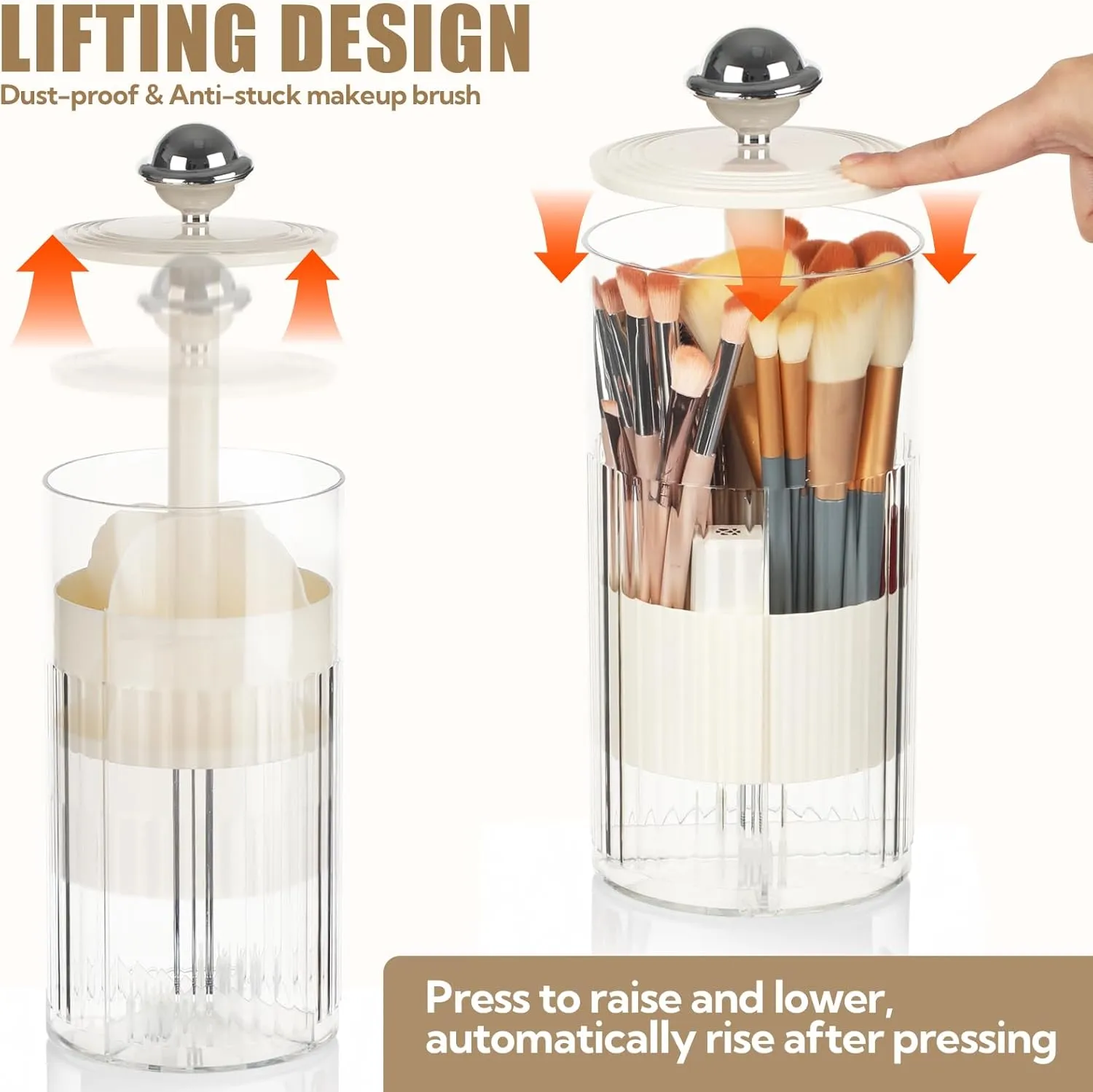 2 Pack Makeup Brush Holder with Lid Automatic Lifting Makeup Brush Organizer with Lid Dustproof & Waterproof 4-Compartment Clear Makeup Organizer for Vanity,Office,School,Dorm Room,Silver Silver