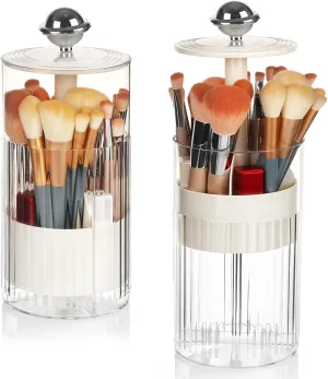 2 Pack Makeup Brush Holder with Lid Automatic Lifting Makeup Brush Organizer with Lid Dustproof & Waterproof 4-Compartment Clear Makeup Organizer for Vanity,Office,School,Dorm Room,Silver Silver
