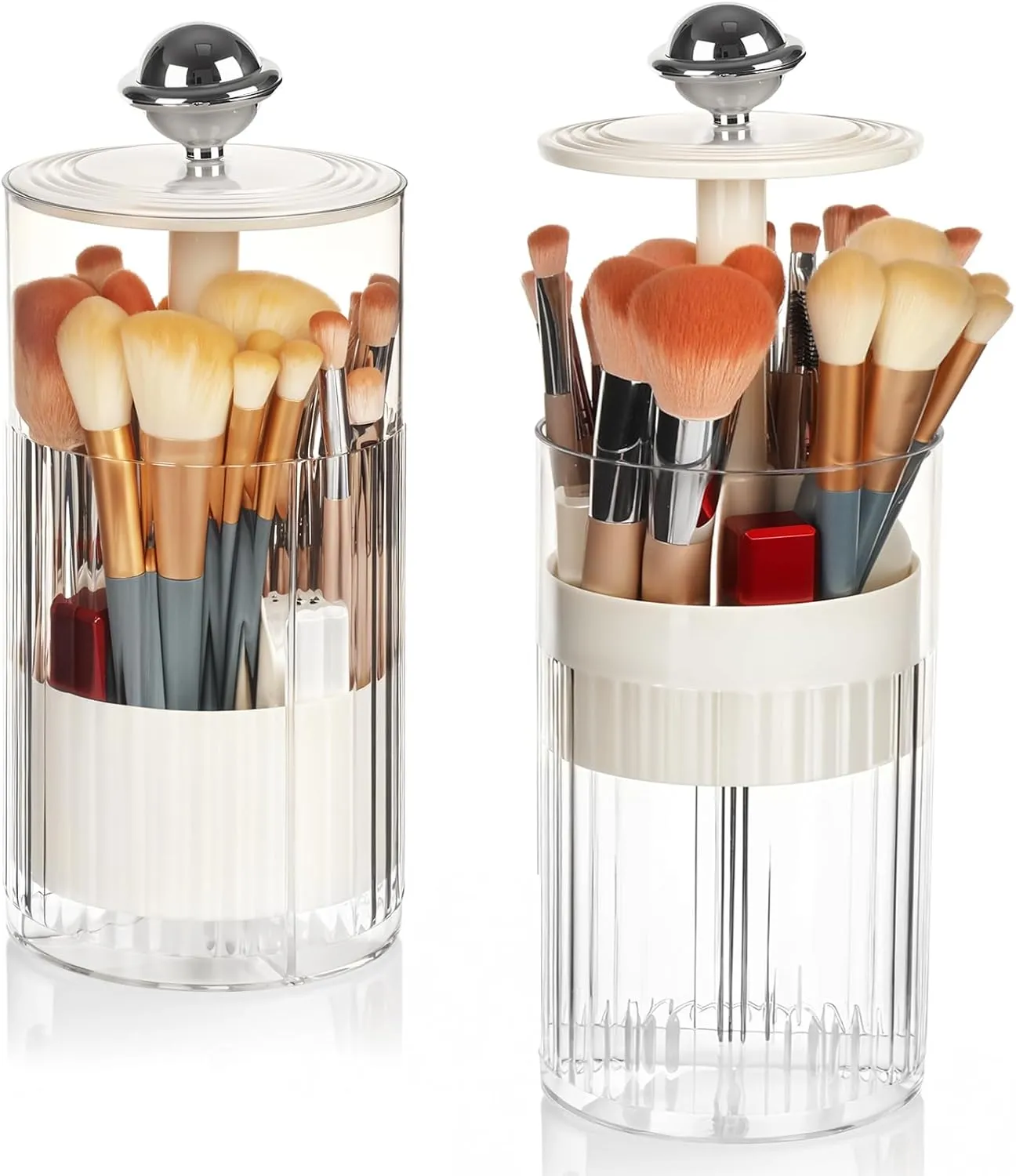 2 Pack Makeup Brush Holder with Lid Automatic Lifting Makeup Brush Organizer with Lid Dustproof & Waterproof 4-Compartment Clear Makeup Organizer for Vanity,Office,School,Dorm Room,Silver Silver