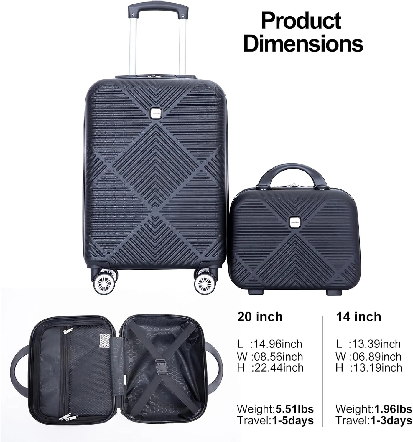 2 Piece Carry on Luggage Set, Airline Approved 20 Inch Luggage with Cosmetic Case HardShell Suitcase with Spinner Wheels, Lightweight Durable Hardside Suitcases Set, Dark Black