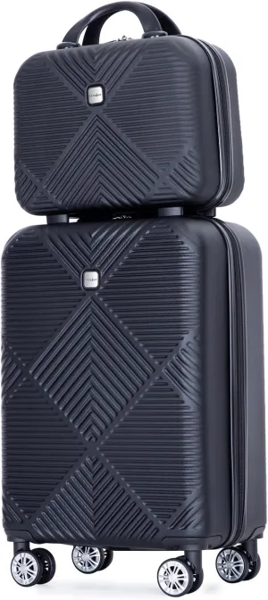 2 Piece Carry on Luggage Set, Airline Approved 20 Inch Luggage with Cosmetic Case HardShell Suitcase with Spinner Wheels, Lightweight Durable Hardside Suitcases Set, Dark Black