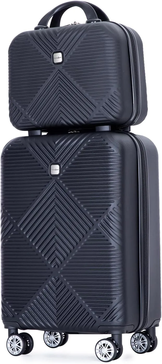 2 Piece Carry on Luggage Set, Airline Approved 20 Inch Luggage with Cosmetic Case HardShell Suitcase with Spinner Wheels, Lightweight Durable Hardside Suitcases Set, Dark Black