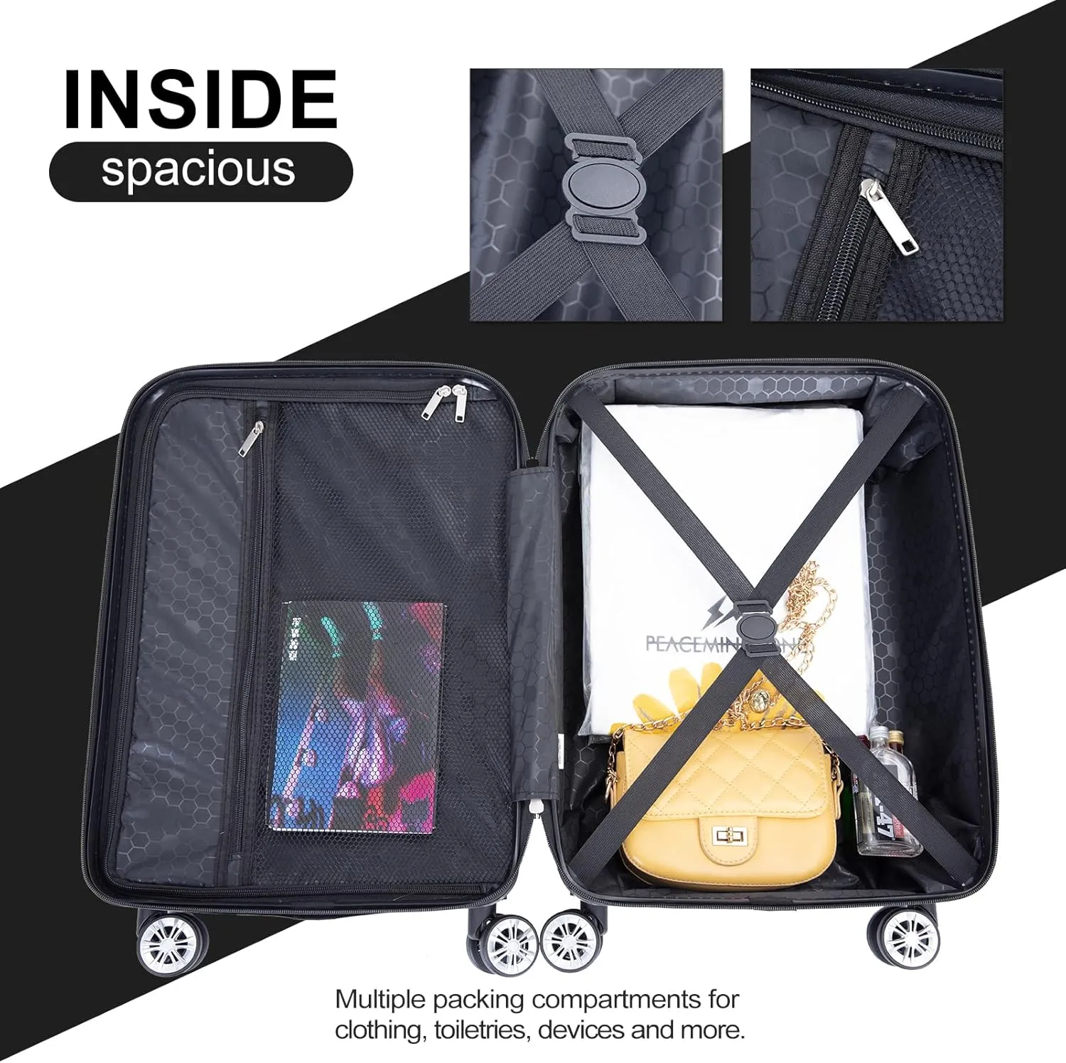 2 Piece Carry on Luggage Set, Airline Approved 20 Inch Luggage with Cosmetic Case HardShell Suitcase with Spinner Wheels, Lightweight Durable Hardside Suitcases Set, Dark Black