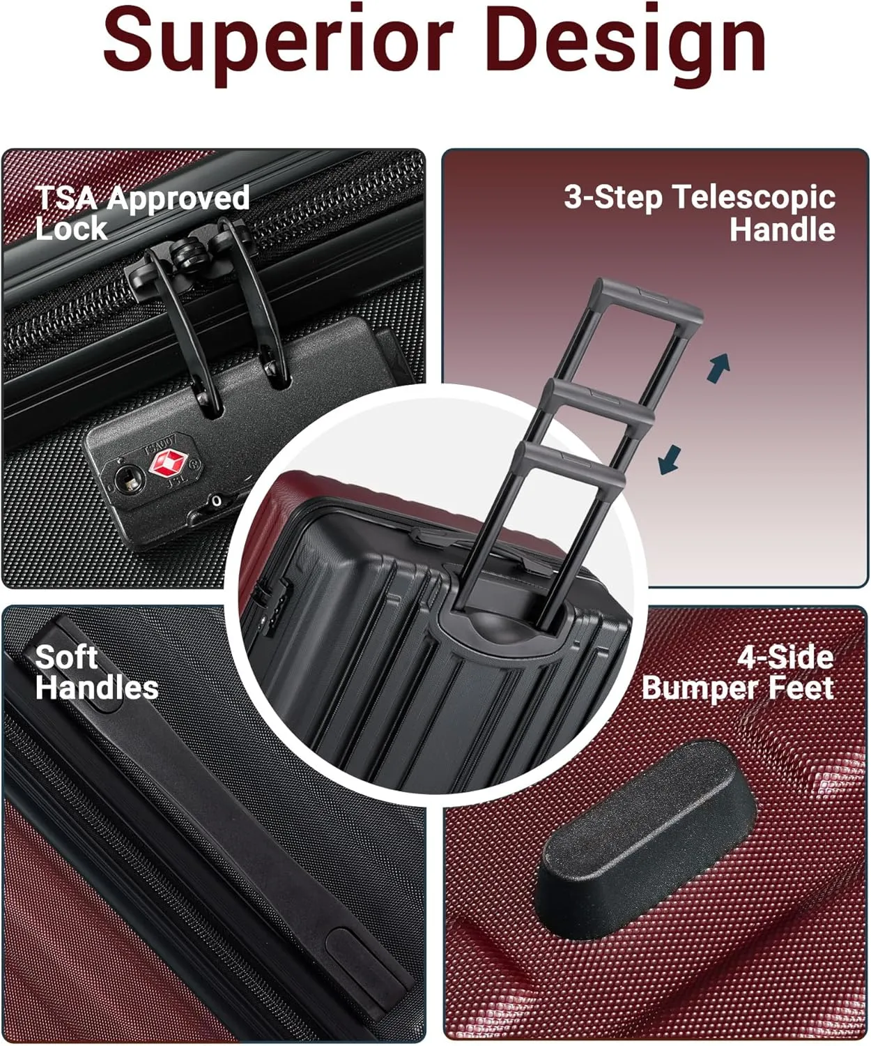 2 Piece Luggage Set, Hardside Lightweight Suitcase Sets with Double Spinner Wheels airline-approved carry-on luggage (20/28inch, Red&Black)