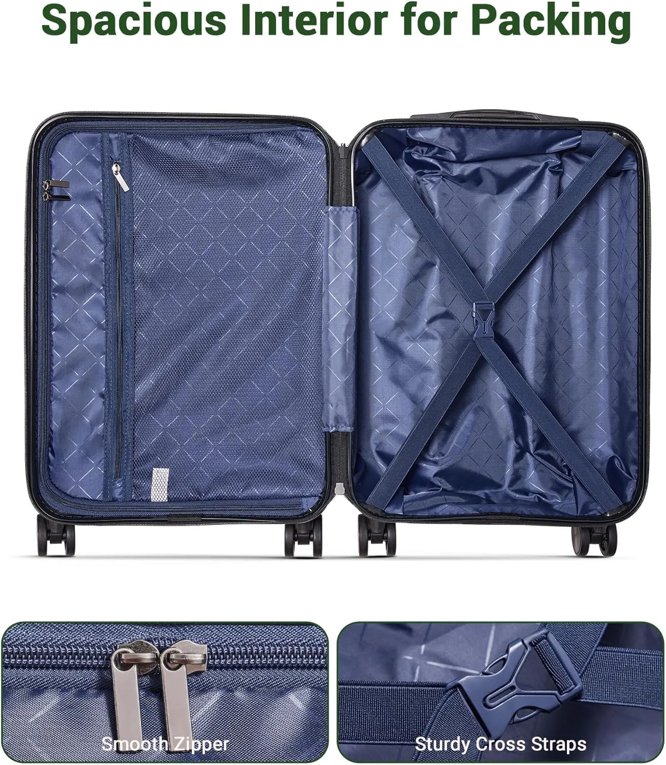 2 Piece Luggage Set, Hardside Lightweight Suitcase Sets with Spinner Wheels airline-approved carry-on luggage (20/28inch, Green&Black)