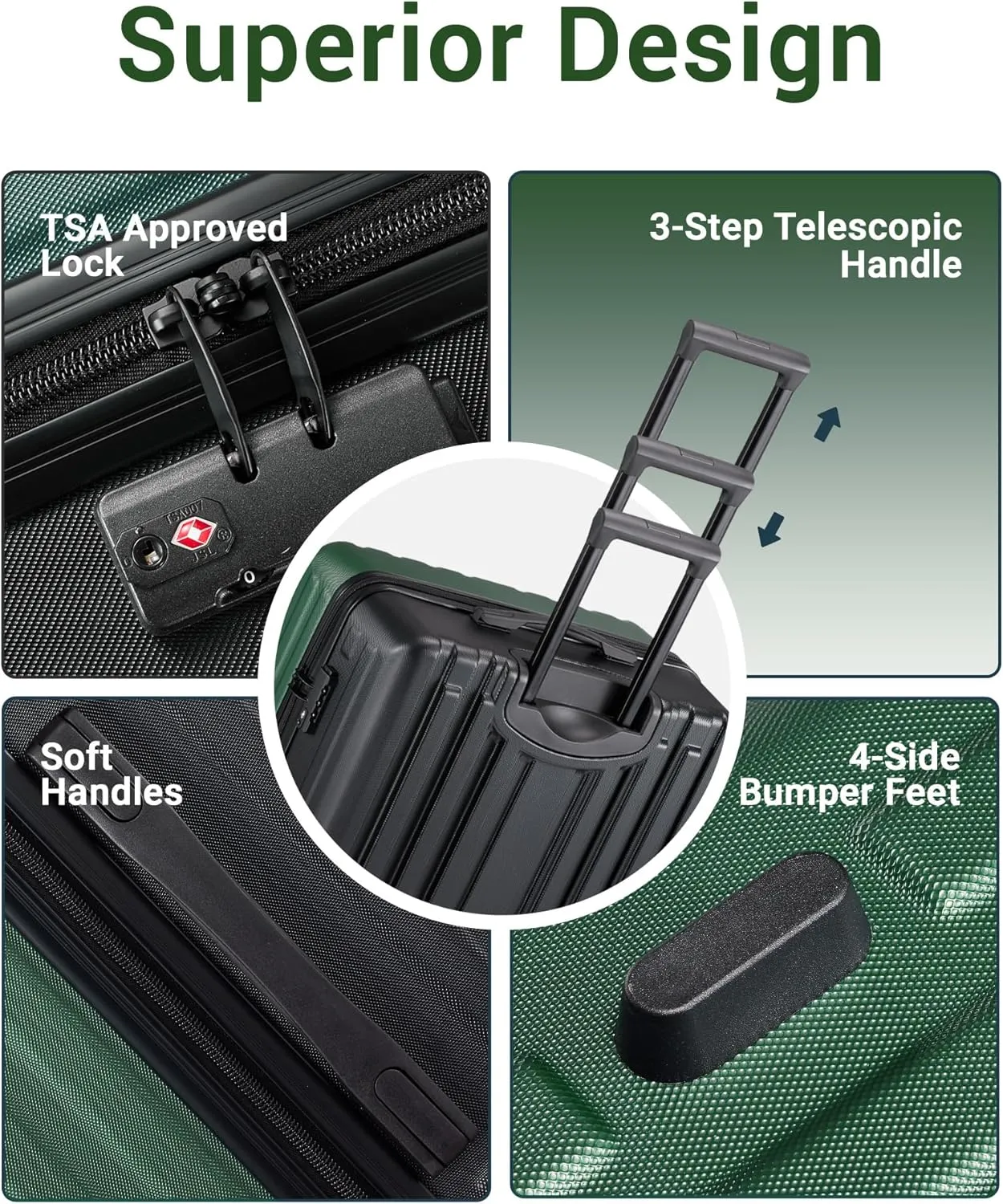 2 Piece Luggage Set, Hardside Lightweight Suitcase Sets with Spinner Wheels airline-approved carry-on luggage (20/28inch, Green&Black)
