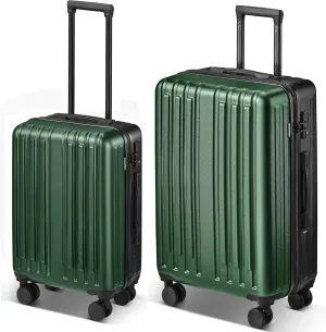 2 Piece Luggage Set, Hardside Lightweight Suitcase Sets with Spinner Wheels airline-approved carry-on luggage (20/28inch, Green&Black)