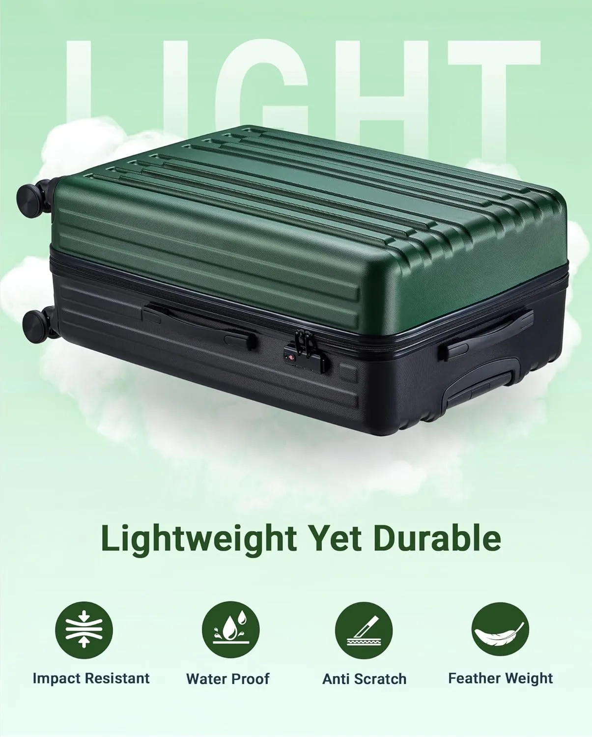 2 Piece Luggage Set, Hardside Lightweight Suitcase Sets with Spinner Wheels airline-approved carry-on luggage (20/28inch, Green&Black)