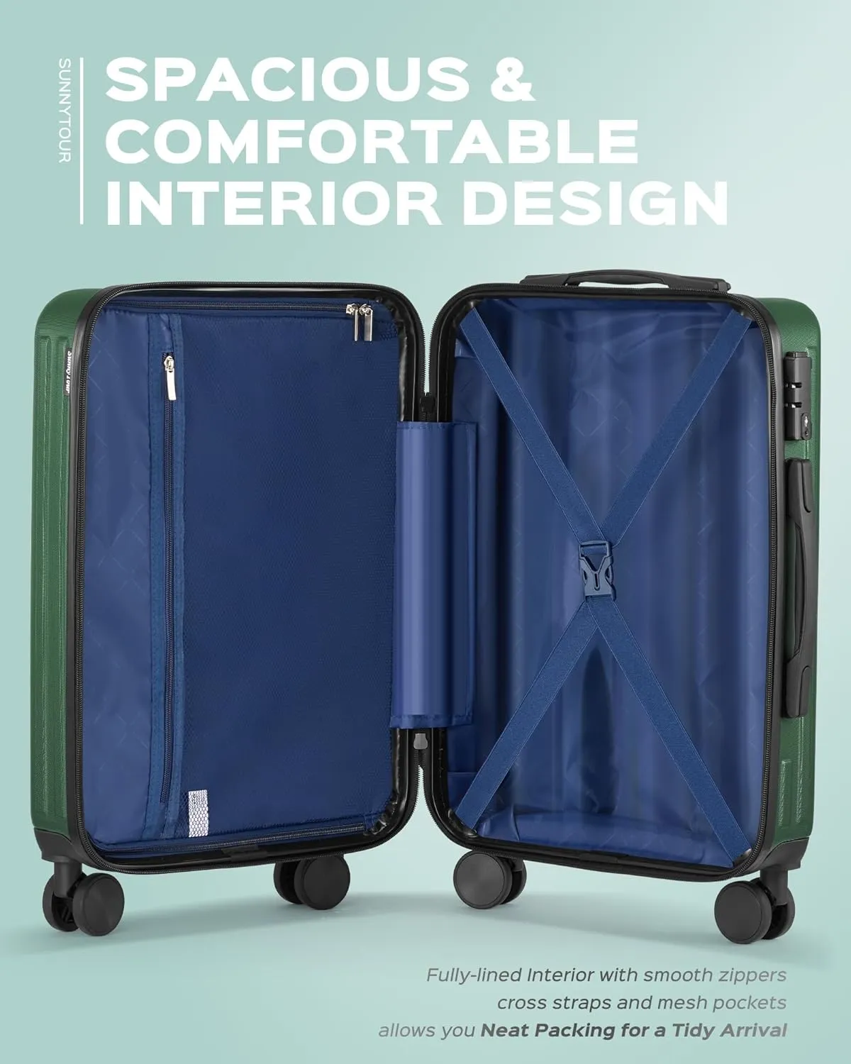 2 Piece Luggage Set, Hardside Lightweight Suitcase Sets with Spinner Wheels airline-approved carry-on luggage (20inch/28inch, Green)