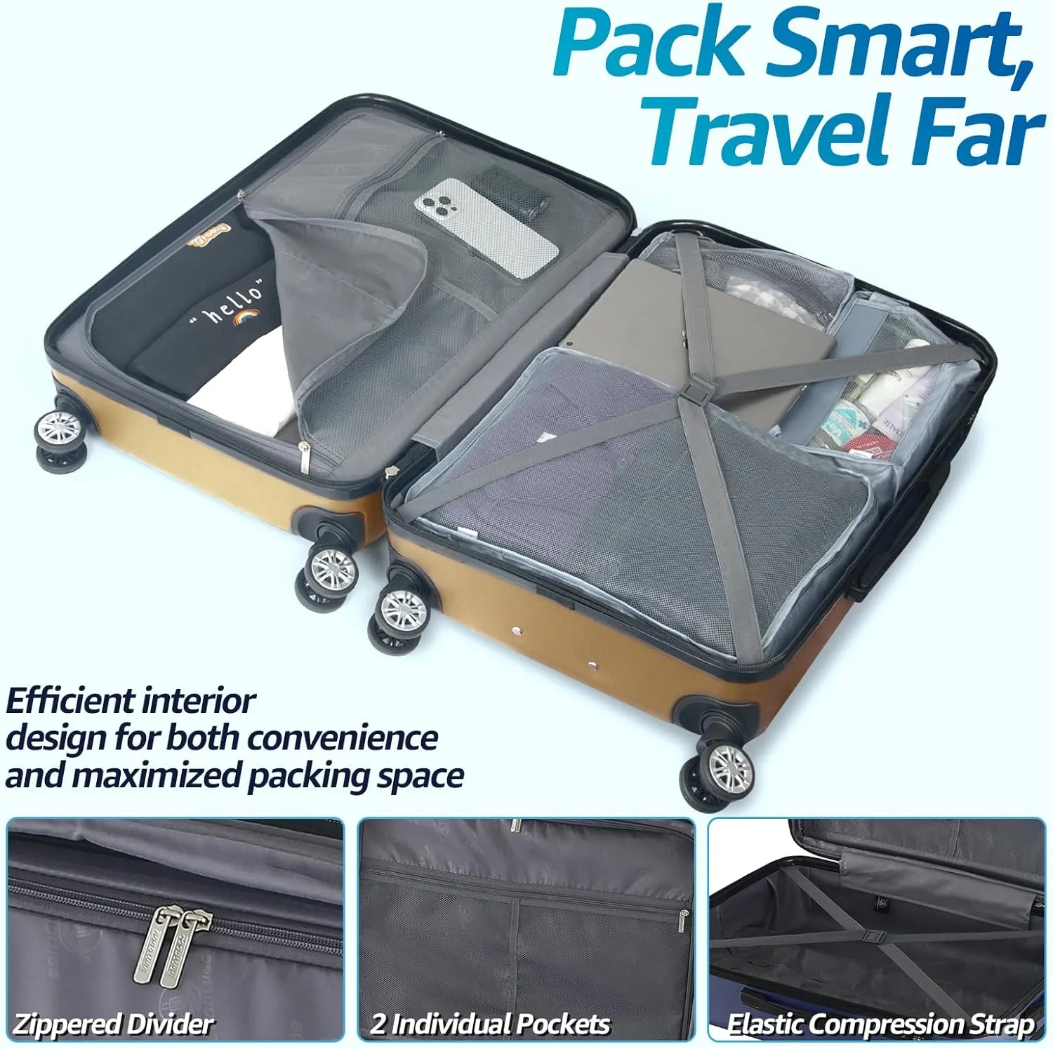 20-Inch Carry-on Luggage with Spinner Wheels and TSA Lock, Airline Approved Lightweight Hardside Suitcase for Travel, Hardshell Suit Case, 20", Champagne