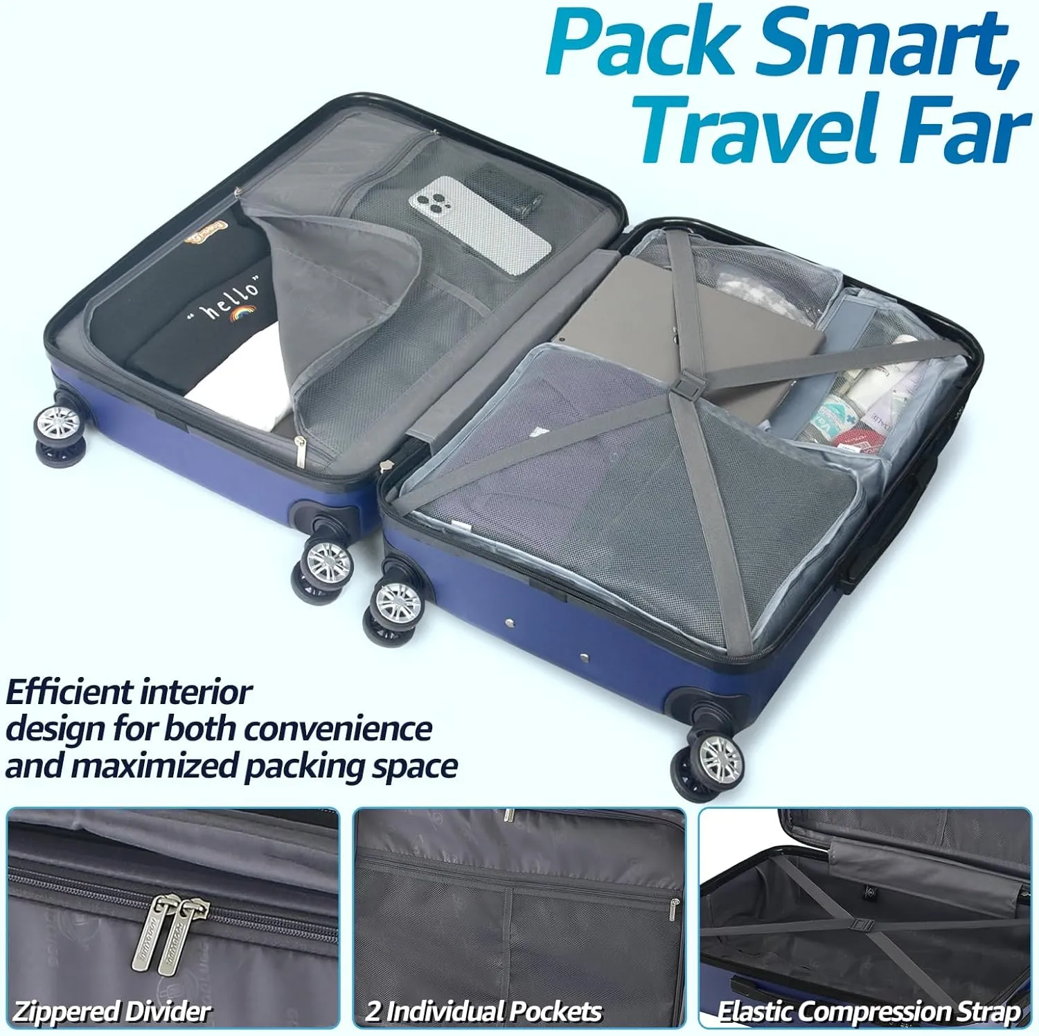 20-Inch Carry-on Luggage with Spinner Wheels and TSA Lock, Airline Approved Lightweight Hardside Suitcase for Travel, Hardshell Suit Case, 20", Navy