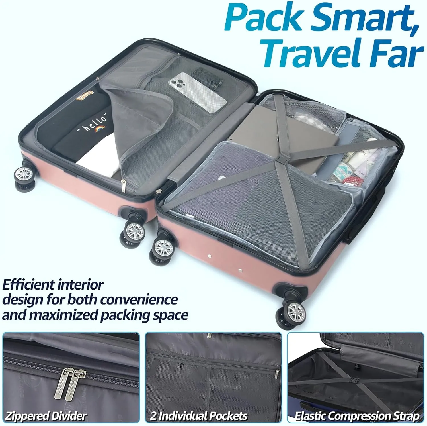 20-Inch Carry-on Luggage with Spinner Wheels and TSA Lock, Airline Approved Lightweight Hardside Suitcase for Travel, Hardshell Suit Case, 20", Rose Gold