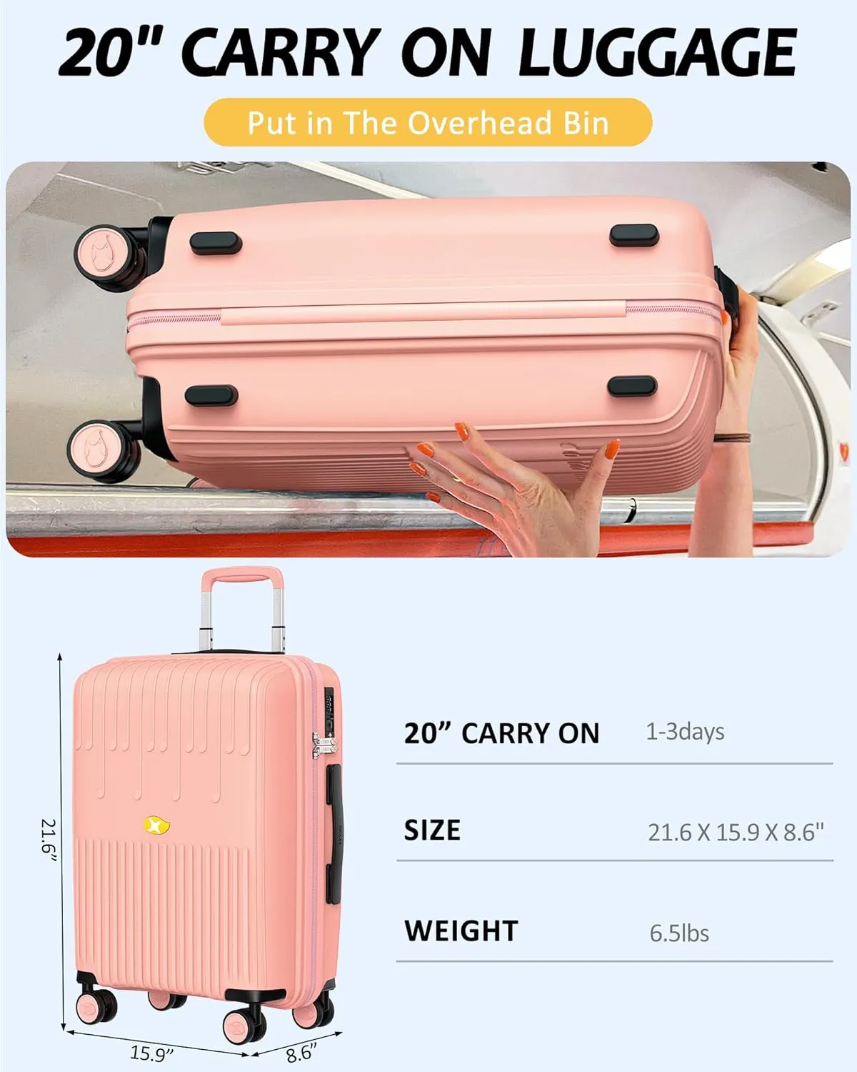 20 Inch PP Carry-on Luggage with Spinner Wheels and TSA Lock, Airline Approved Lightweight Hardside Suitcase for Travel, Hard Shell Suitcase for Men Women, 20", Pink