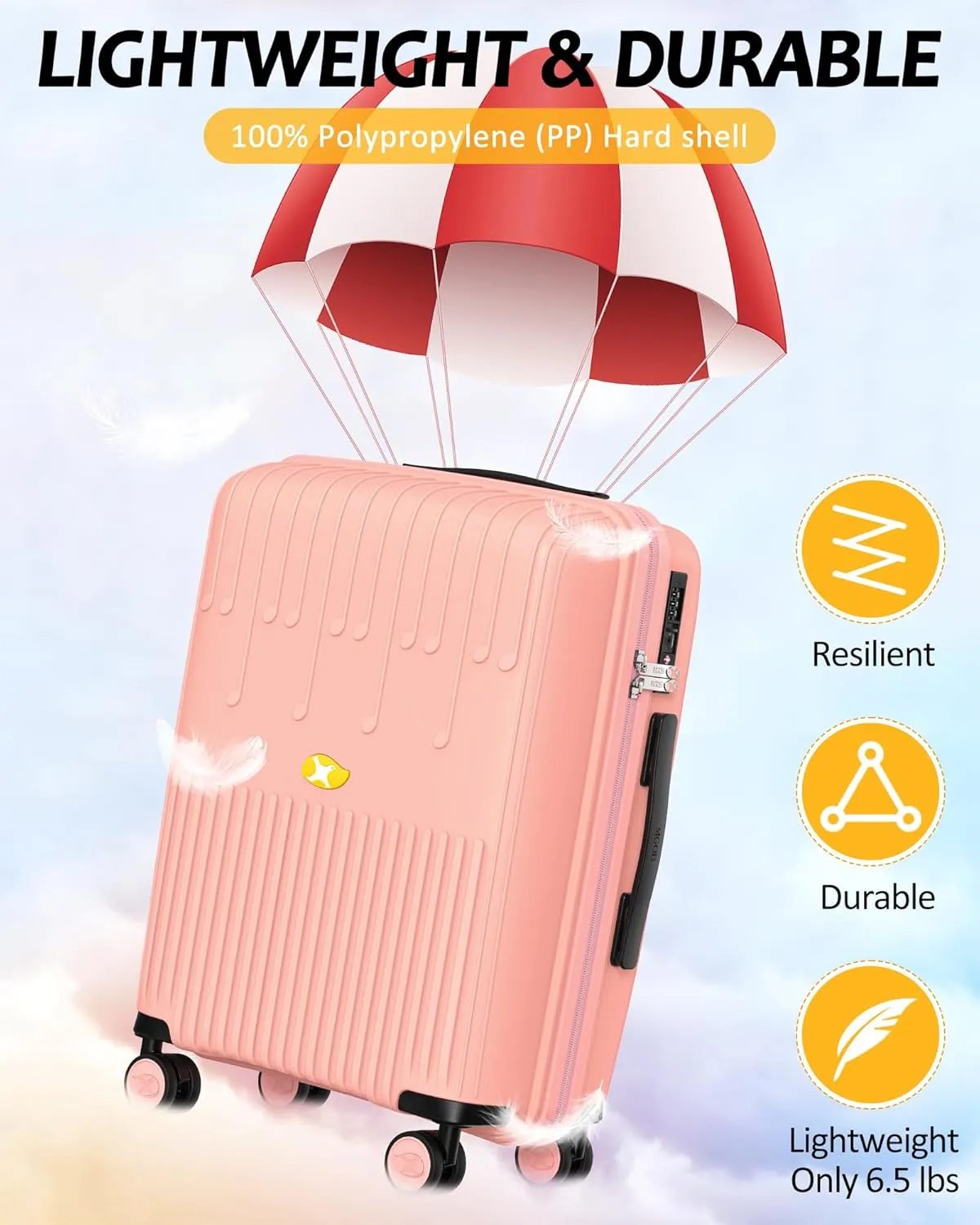 20 Inch PP Carry-on Luggage with Spinner Wheels and TSA Lock, Airline Approved Lightweight Hardside Suitcase for Travel, Hard Shell Suitcase for Men Women, 20", Pink