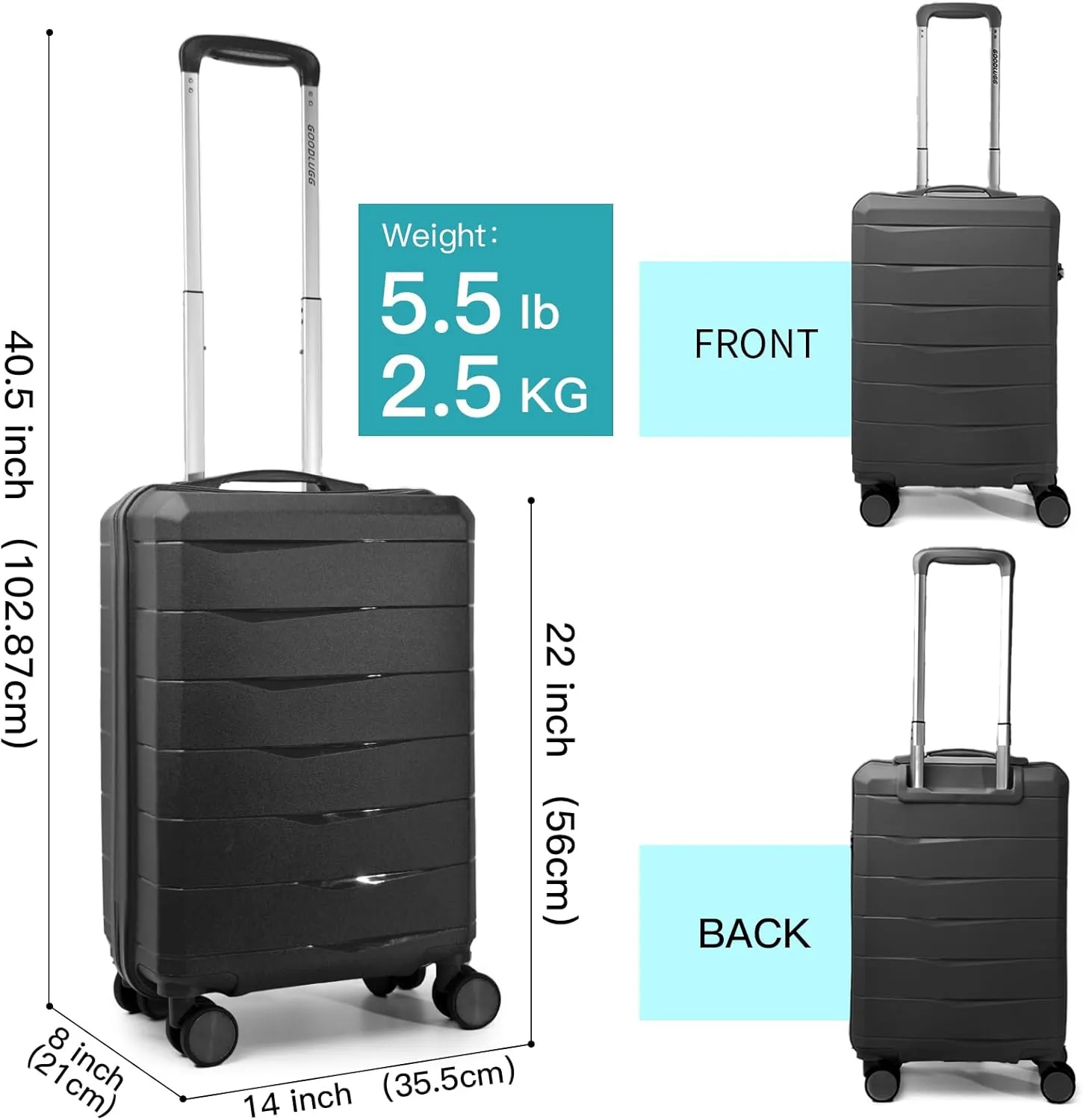 20-Inch PP material Carry-on Luggage with Spinner Wheels and TSA Lock, Airline Approved Lightweight Hardside Suitcase for Travel, Hardshell Suitcase, 20", Black
