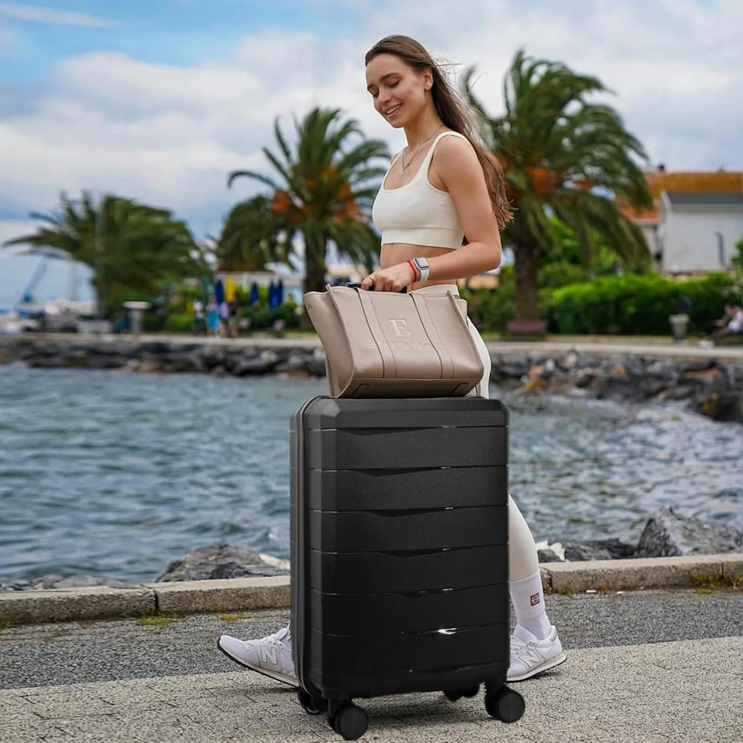 20-Inch PP material Carry-on Luggage with Spinner Wheels and TSA Lock, Airline Approved Lightweight Hardside Suitcase for Travel, Hardshell Suitcase, 20", Black