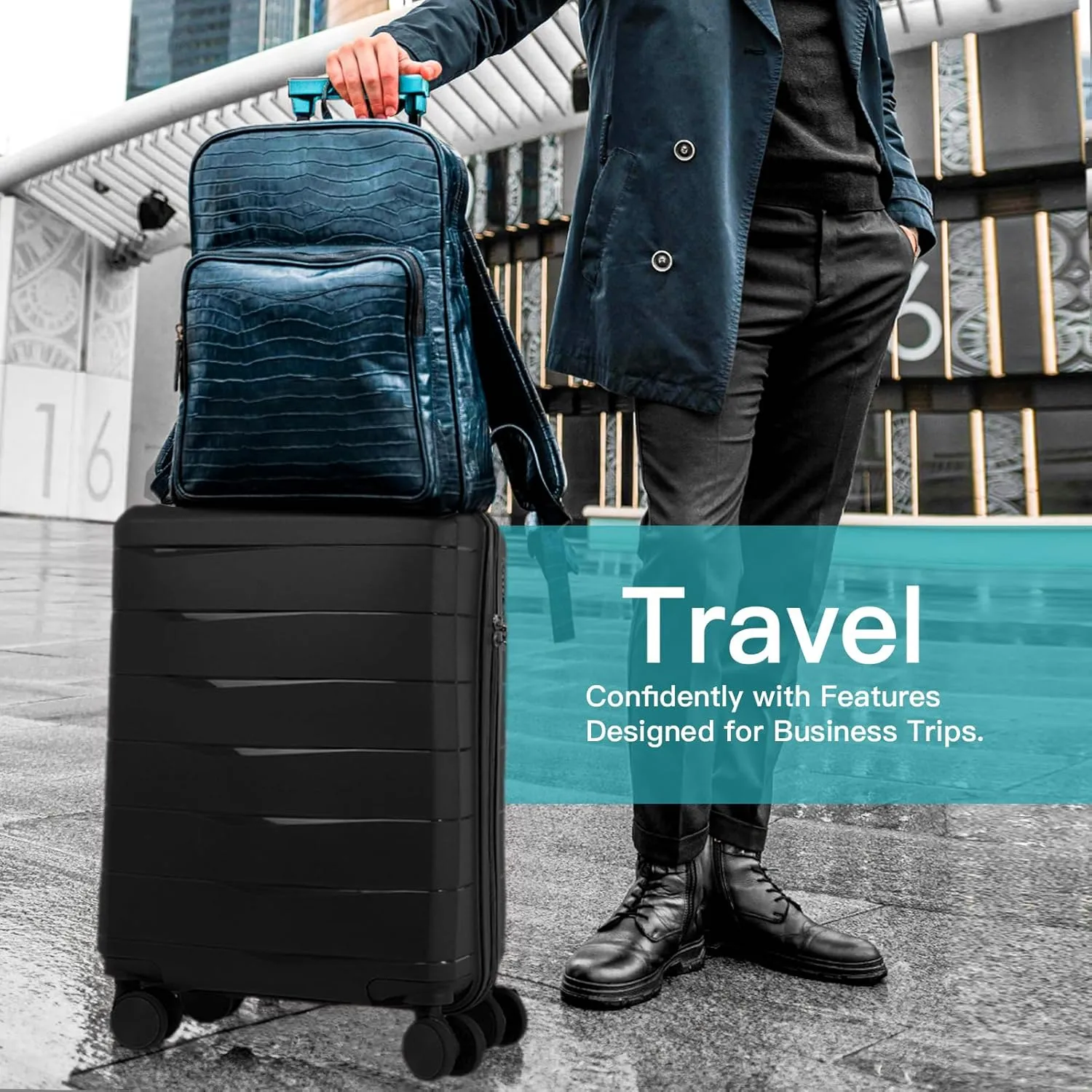 20-Inch PP material Carry-on Luggage with Spinner Wheels and TSA Lock, Airline Approved Lightweight Hardside Suitcase for Travel, Hardshell Suitcase, 20", Black