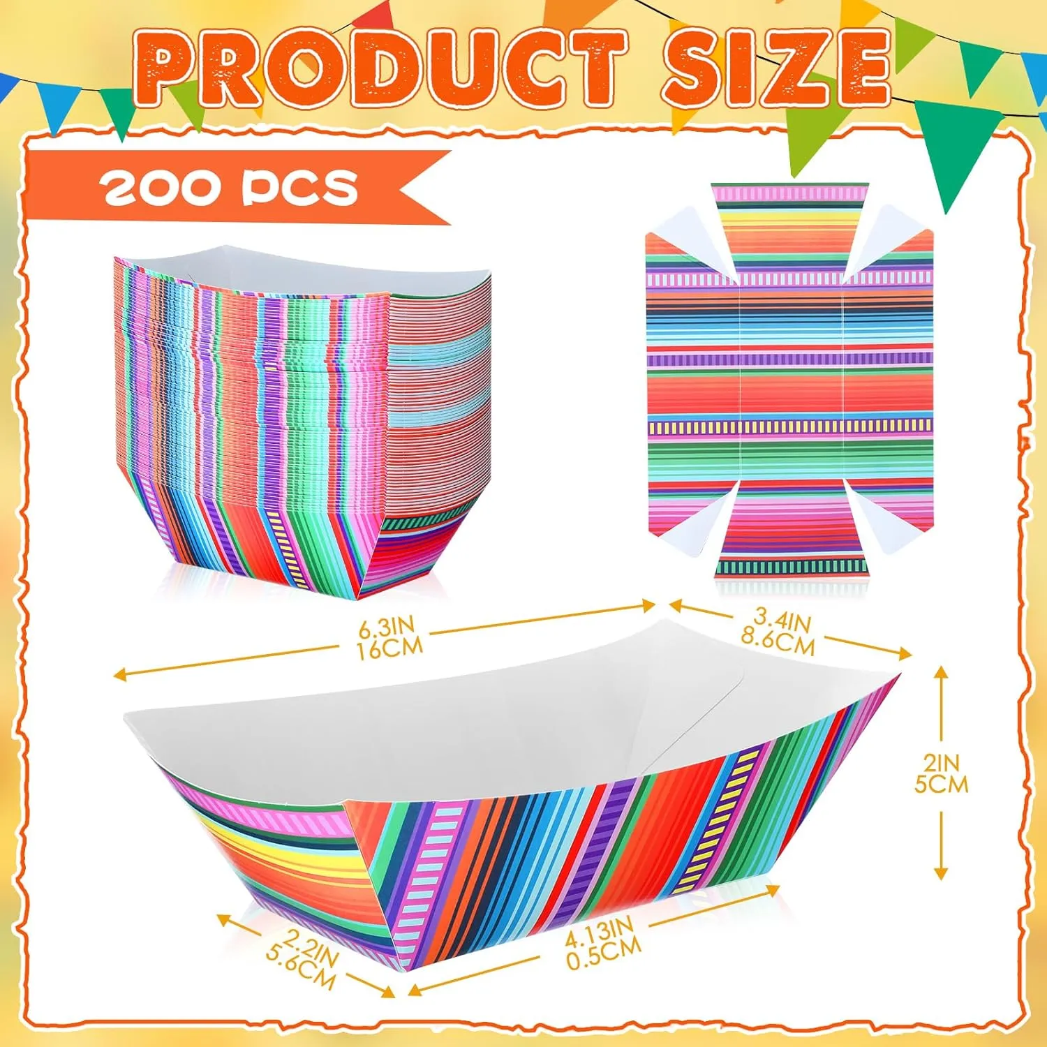 200 Pcs Mexican Nacho Trays Disposable Food Trays Fiesta Party Decorations Assembled Paper Snack Trays Taco Boats for Candy Hot Dog Cinco De Mayo Birthday Mexican Party Supplies (2 lb)