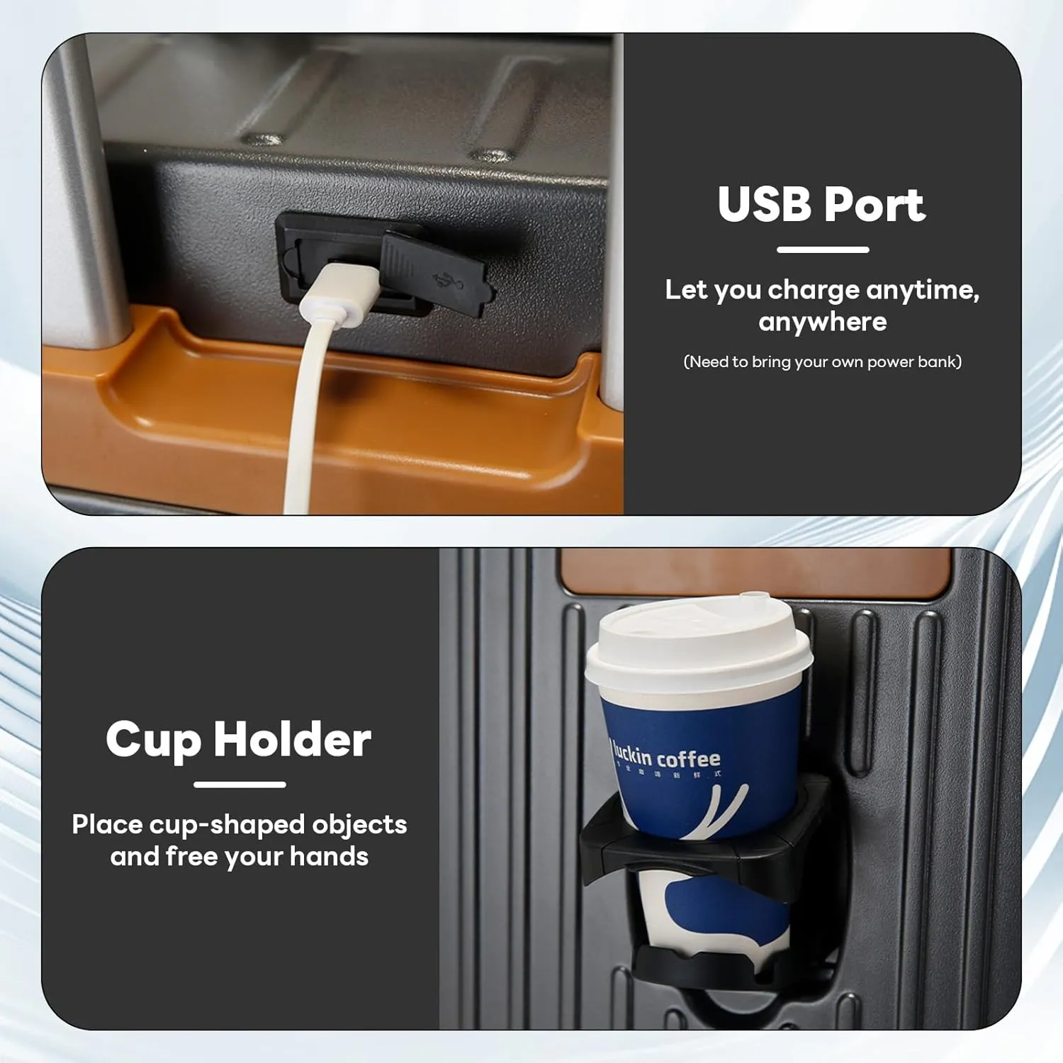 22 inch carry on luggage suitcase locks tsa approved Hardside Lightweight Suitcase with Cup Holder TSA Lock Carry On Luggage with USB Port Phone Holder suitcases with 360° 8 Double Spinner Wheels