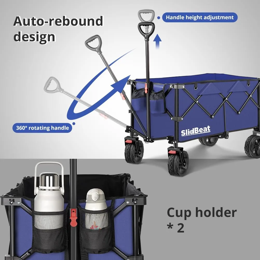 220L Collapsible Wagon with Big Wheels - Heavy Duty Utility Foldable Cart, All-Terrain Wheel & Drink Holders Portable Grocery Carts for Outdoor, Travel, Camping, Beach, Garden,Fishing