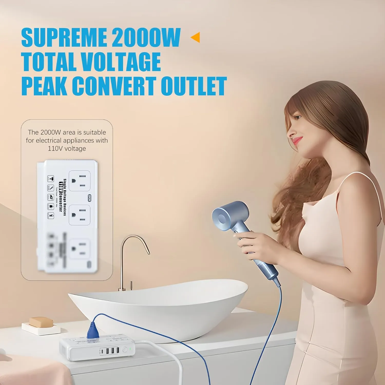 220v to 110v Travel Voltage Converter: International Universal Voltage Converter US to Europe Power Strip Plug Transformer - 2000W Electric Hair Dryer Step Down Outlet Converters for European UK EU