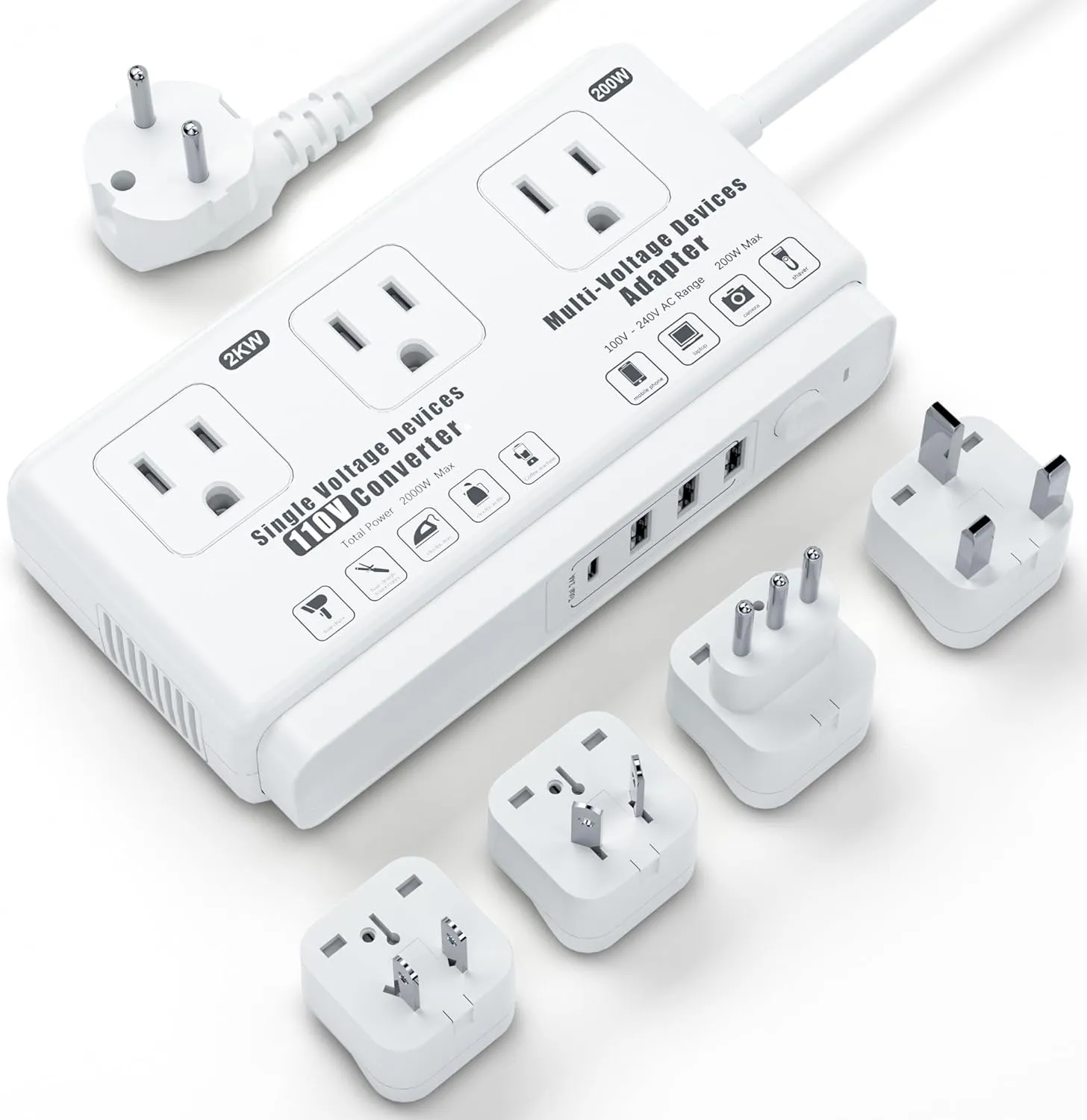 220v to 110v Voltage Converter Adapter: International US to Europe Travel Power Strip Plug Transformer - 2000W Electric Hair Dryer Step Down Outlet Converters for US European UK EU Italy