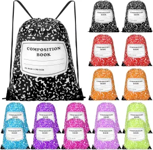 24 Pcs Composition Book Themed Drawstring Bags Bulk Treat Backpacks Carrying Binders Folders Computers for Back to School Party Favors Writing Teacher Classroom Readers Book Lovers Supplies
