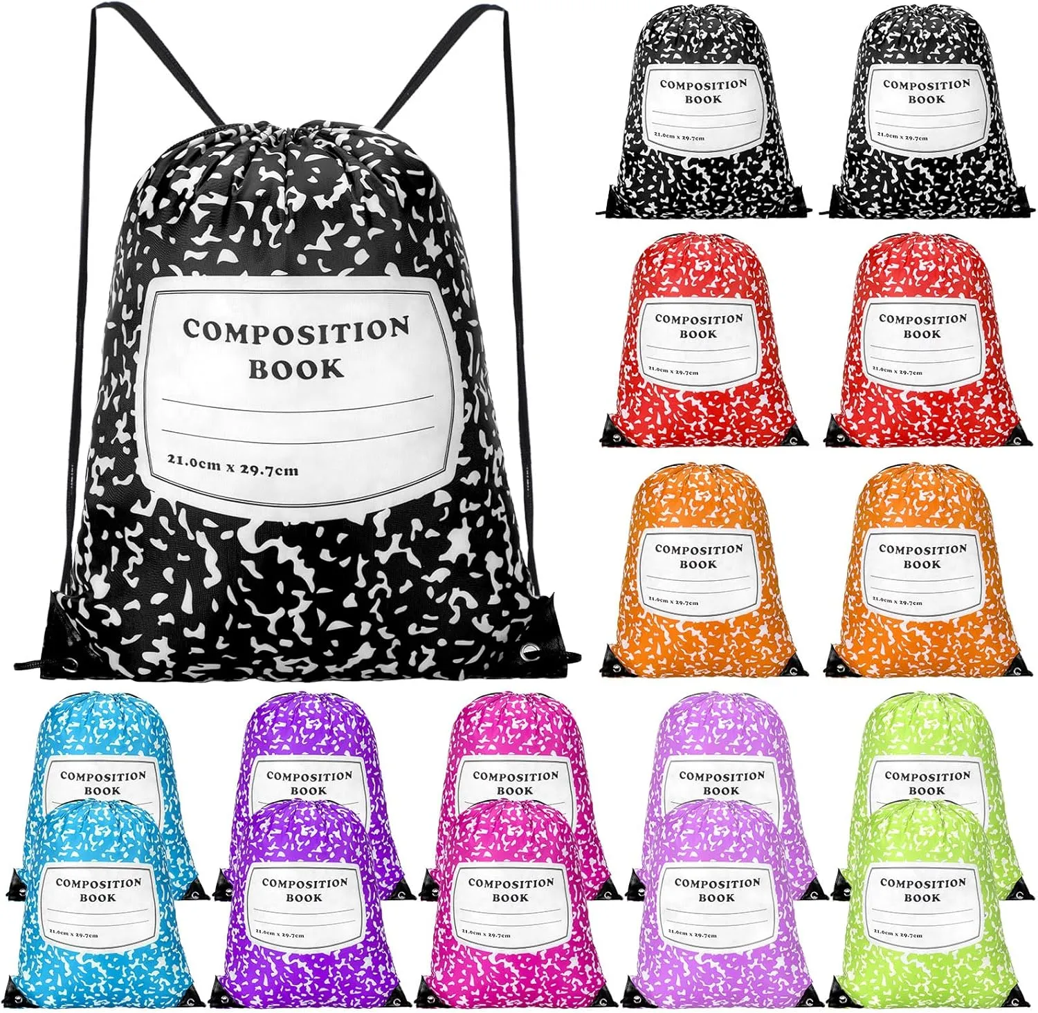 24 Pcs Composition Book Themed Drawstring Bags Bulk Treat Backpacks Carrying Binders Folders Computers for Back to School Party Favors Writing Teacher Classroom Readers Book Lovers Supplies