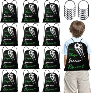 24 Pcs Soccer Party Favors, 12 Pcs Soccer Bags & 12 Pcs Soccer Bracelets, Lightweight Draw String Bags Pack Bulk and Adjustable Braided Soccer Charm Bracelets for Boys Girls Youth Adults
