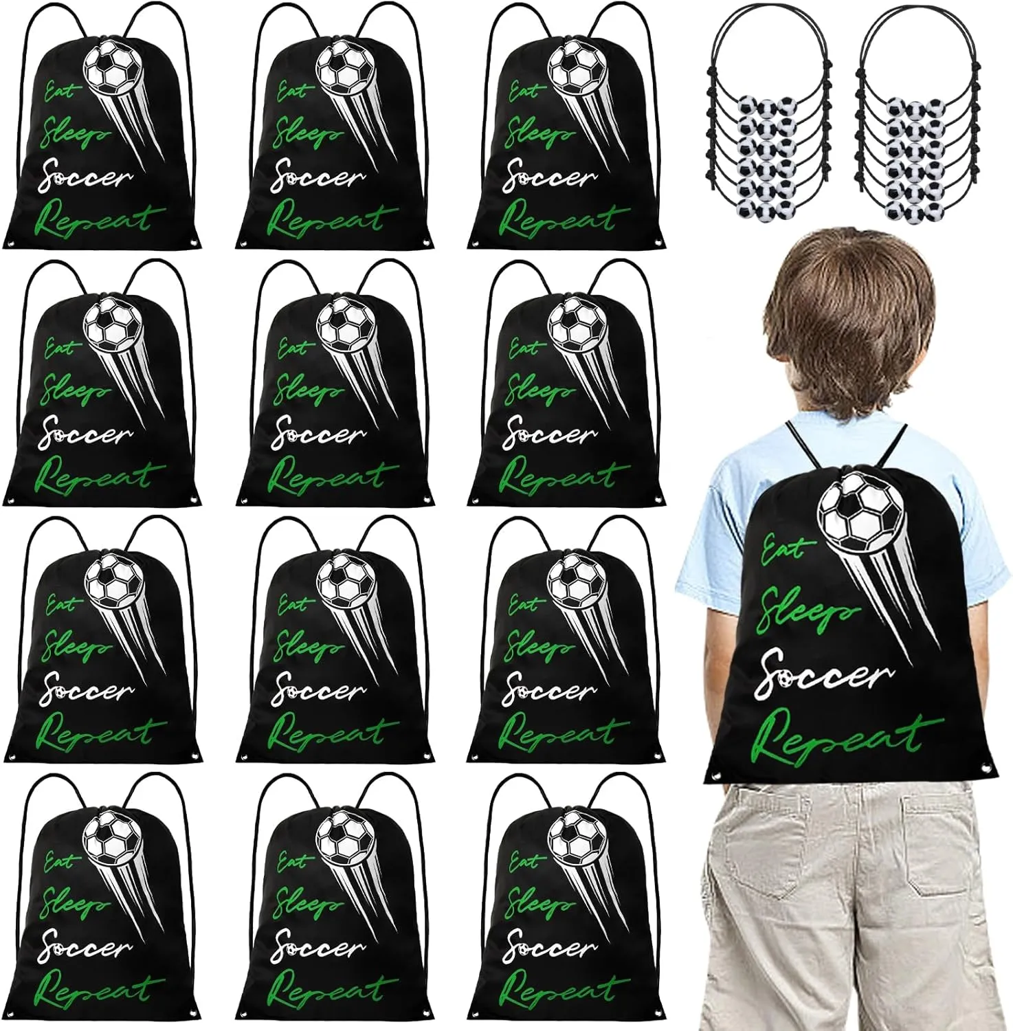 24 Pcs Soccer Party Favors, 12 Pcs Soccer Bags & 12 Pcs Soccer Bracelets, Lightweight Draw String Bags Pack Bulk and Adjustable Braided Soccer Charm Bracelets for Boys Girls Youth Adults