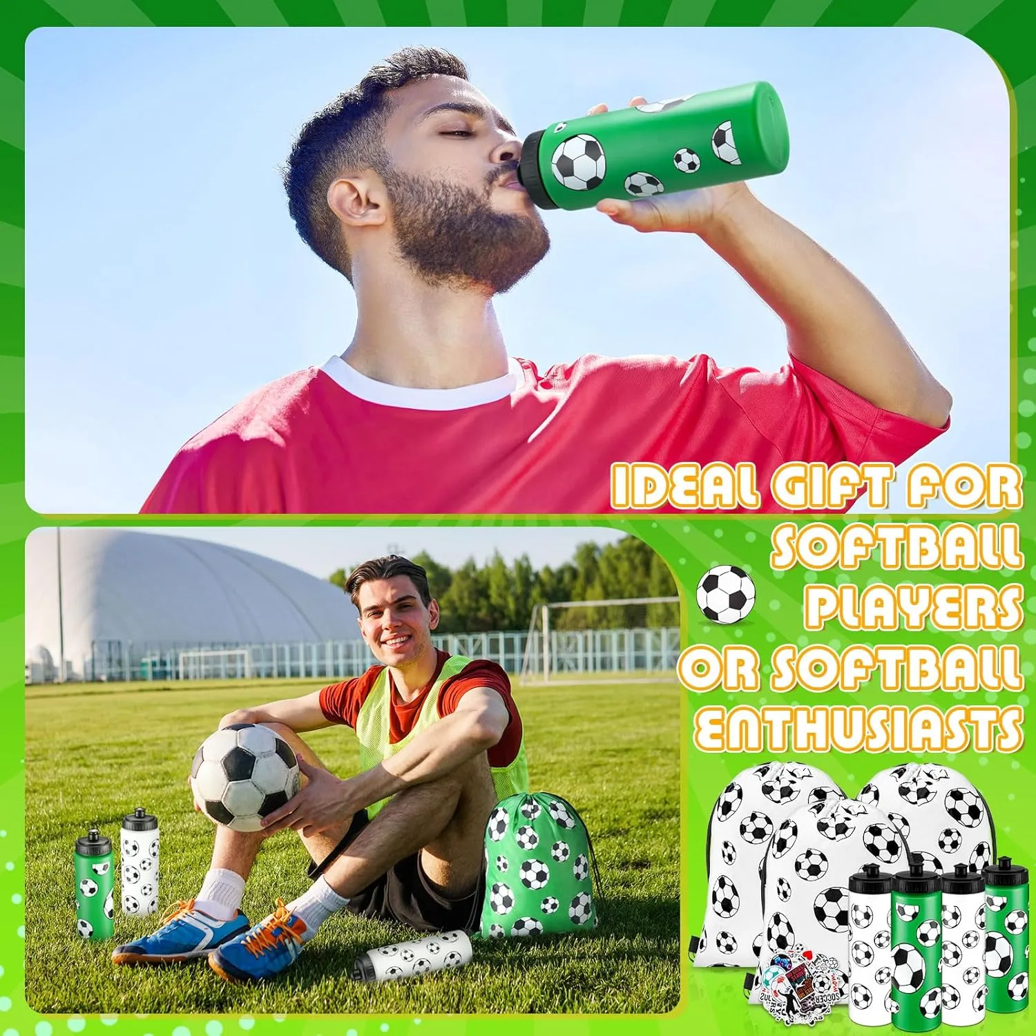 24 Pcs Soccer Water Bottles Drawstring Bag Set with 50 Sticker Soccer Party Favors 12 Reusable Sports Squeeze Water Bottles 20oz 12 Soccer Goodie Gift Bag for Soccer Team Gifts Players Gym