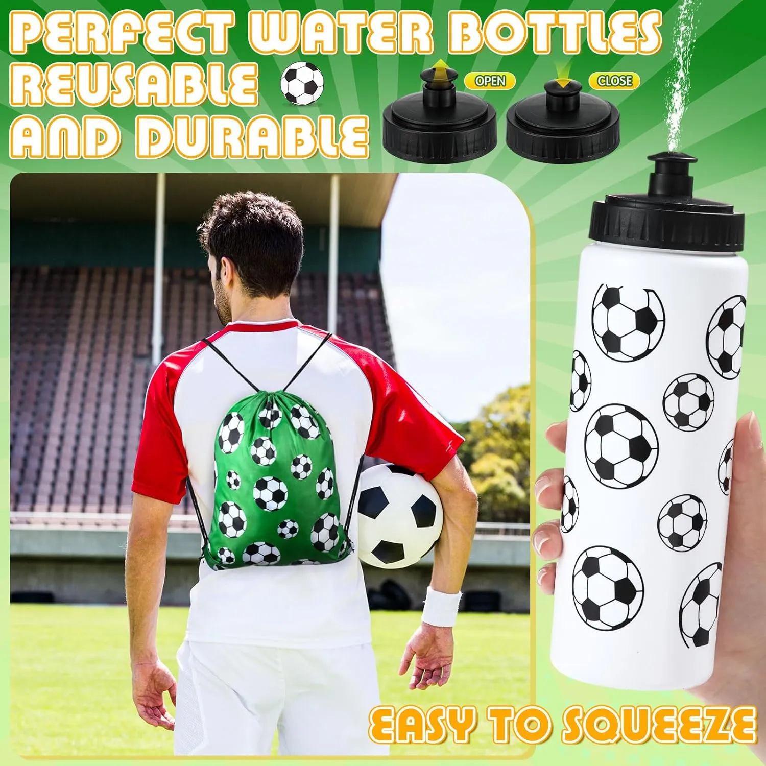 24 Pcs Soccer Water Bottles Drawstring Bag Set with 50 Sticker Soccer Party Favors 12 Reusable Sports Squeeze Water Bottles 20oz 12 Soccer Goodie Gift Bag for Soccer Team Gifts Players Gym