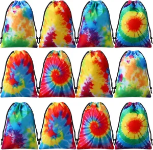 24 Pcs Tie Dye Party Favor Bags Drawstring Birthday Gift Bag Candy Goodie Treat Bag Colorful Snacks Bag, Polyester Wrap Bags for Retro Tye dye Beach Party Decor School Supplies (9.8 x 7.1 Inch)