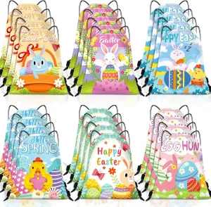 24 Pieces Easter Party Drawstring Backpack Colorful Gift Bags Draw String Bag Bulk Reusable Party Favor Bags for Easter Birthday Wedding Party Supplies, 11.81 x 9.84 Inch, 6 Designs