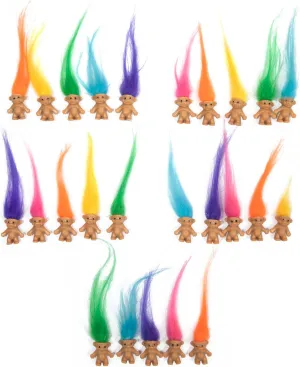 25 PCS Long-haired Lucky Mini Troll Dolls, Assorted Hair Colors, 0.78" Bodies, 2" Hair. Cake Toppers, Action Figures, School Project, Arts and Crafts, Party Favors