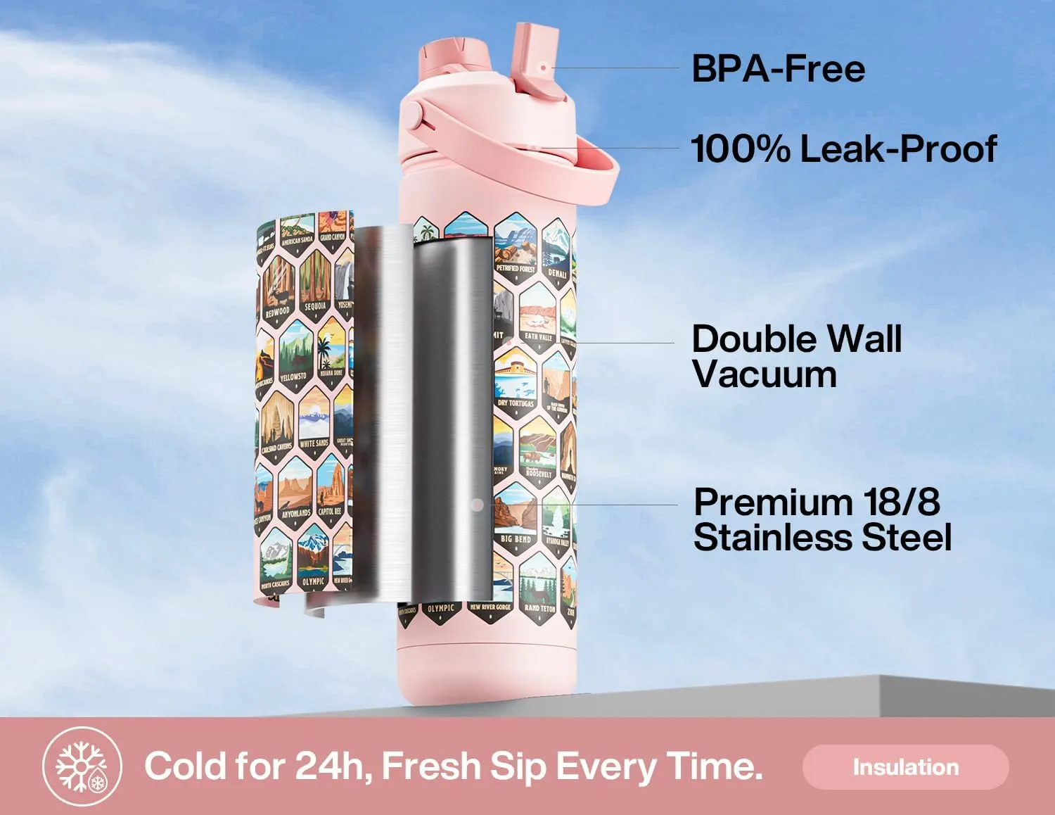 26 oz National Parks Water Bottle with Waterproof Stickers: 2-in-1 Straw Spout Lid, Keep Cold 24H, Leakproof, Car CupHolder Friendly, Insulated Stainless Steel Cup for Travel, Sports, School (Pink)