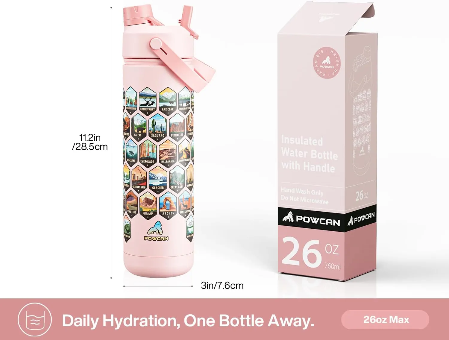 26 oz National Parks Water Bottle with Waterproof Stickers: 2-in-1 Straw Spout Lid, Keep Cold 24H, Leakproof, Car CupHolder Friendly, Insulated Stainless Steel Cup for Travel, Sports, School (Pink)