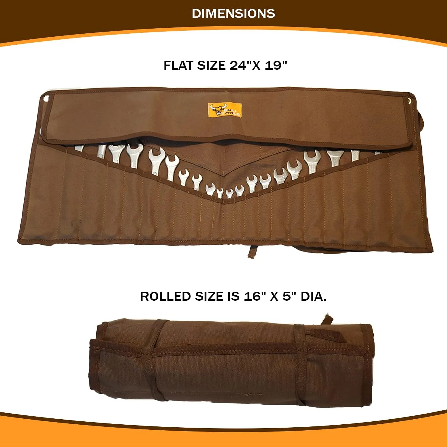 26-Pocket Wrench Roll Tool Organizer Roll-Up Tool Pouch SAE & Metric, Heavy-Duty Cotton Canvas Tool Bag, Durable Handcrafted for Easy Tool Storage & Portability - Cinnamon Brown (No Tools)