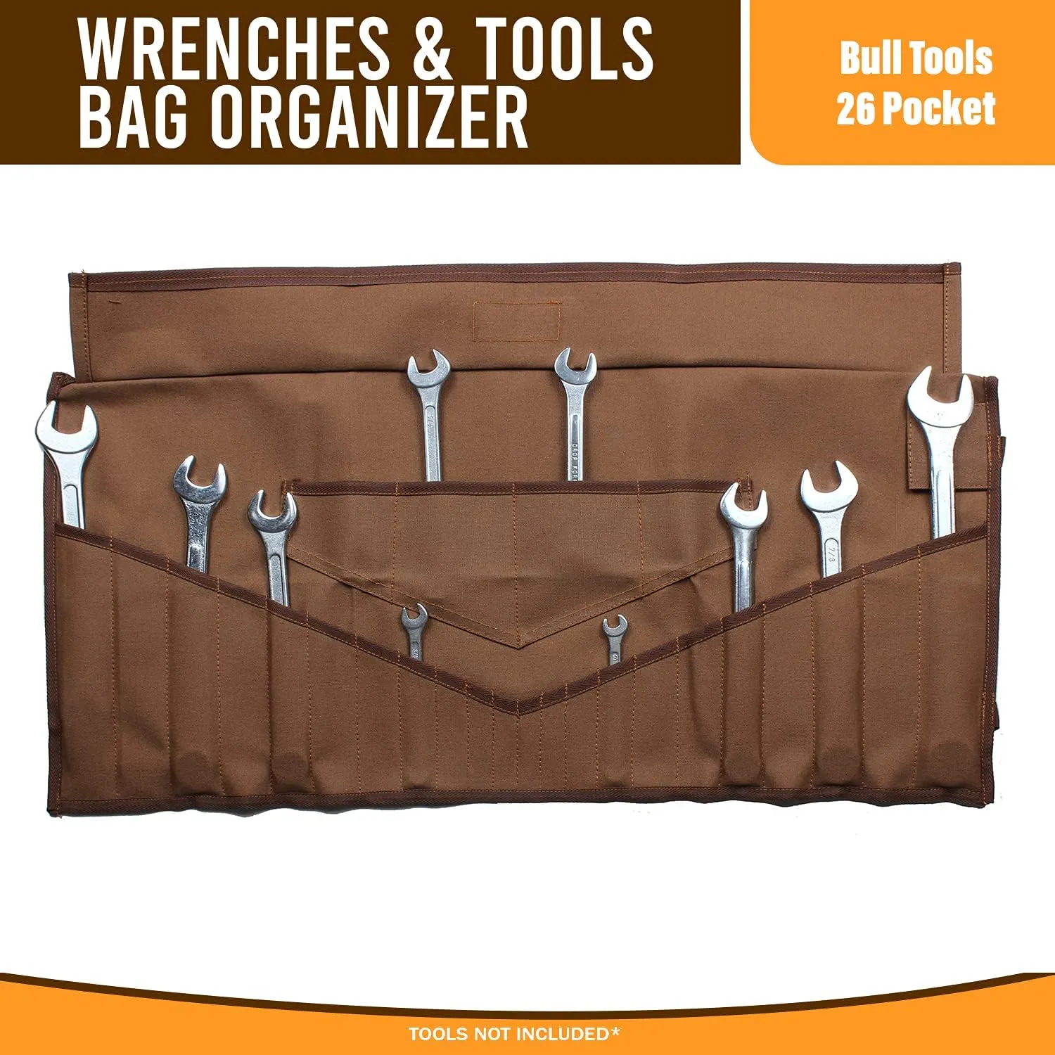 26-Pocket Wrench Roll Tool Organizer Roll-Up Tool Pouch SAE & Metric, Heavy-Duty Cotton Canvas Tool Bag, Durable Handcrafted for Easy Tool Storage & Portability - Cinnamon Brown (No Tools)