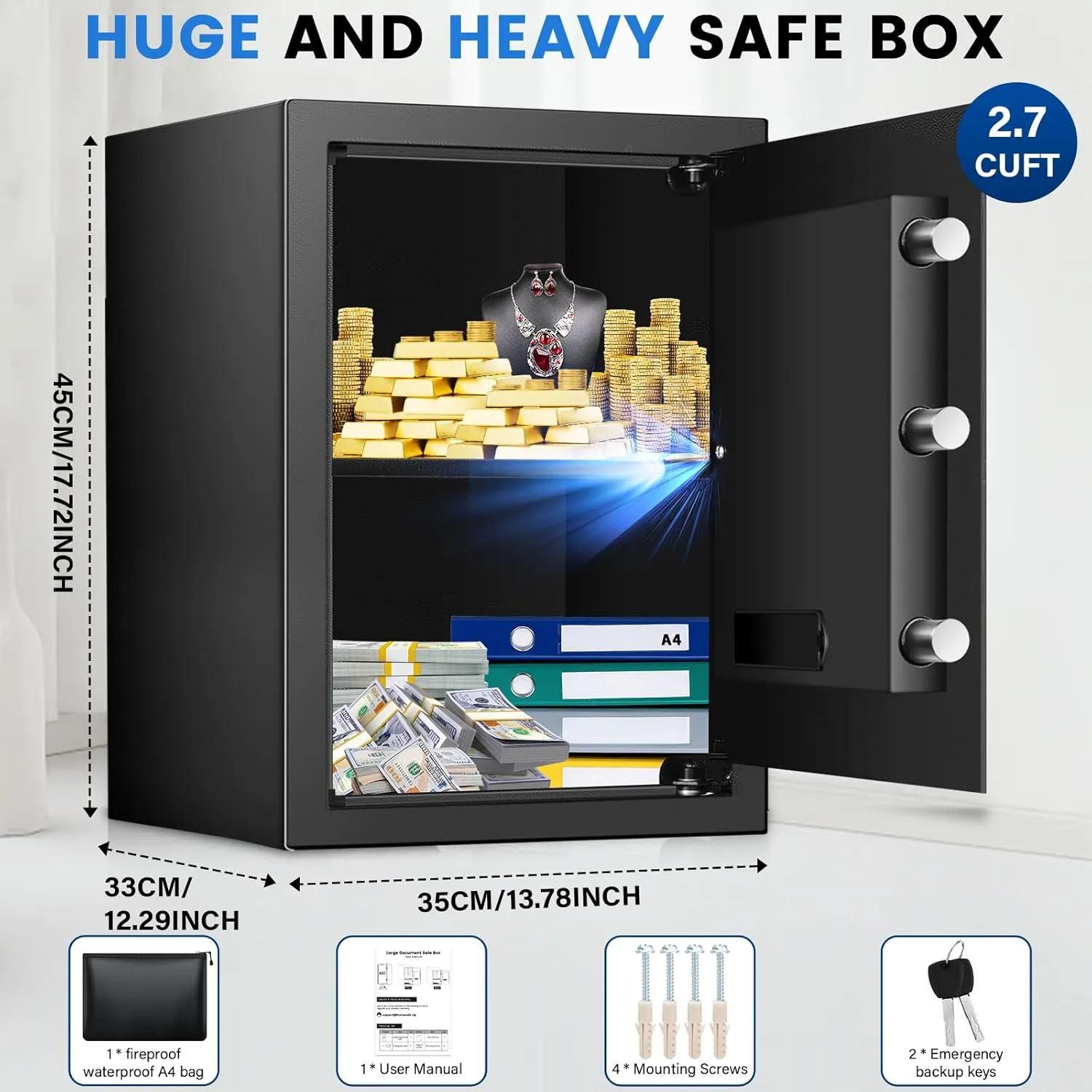 2.7 Cuft Safe Box, Home Safe with Fireproof Waterproof Bag, Anti-Theft Digital Security Lock Box with Smart Alert System, Removable Shelf, Mute Function, Personal Document Safes for Money Jewelry