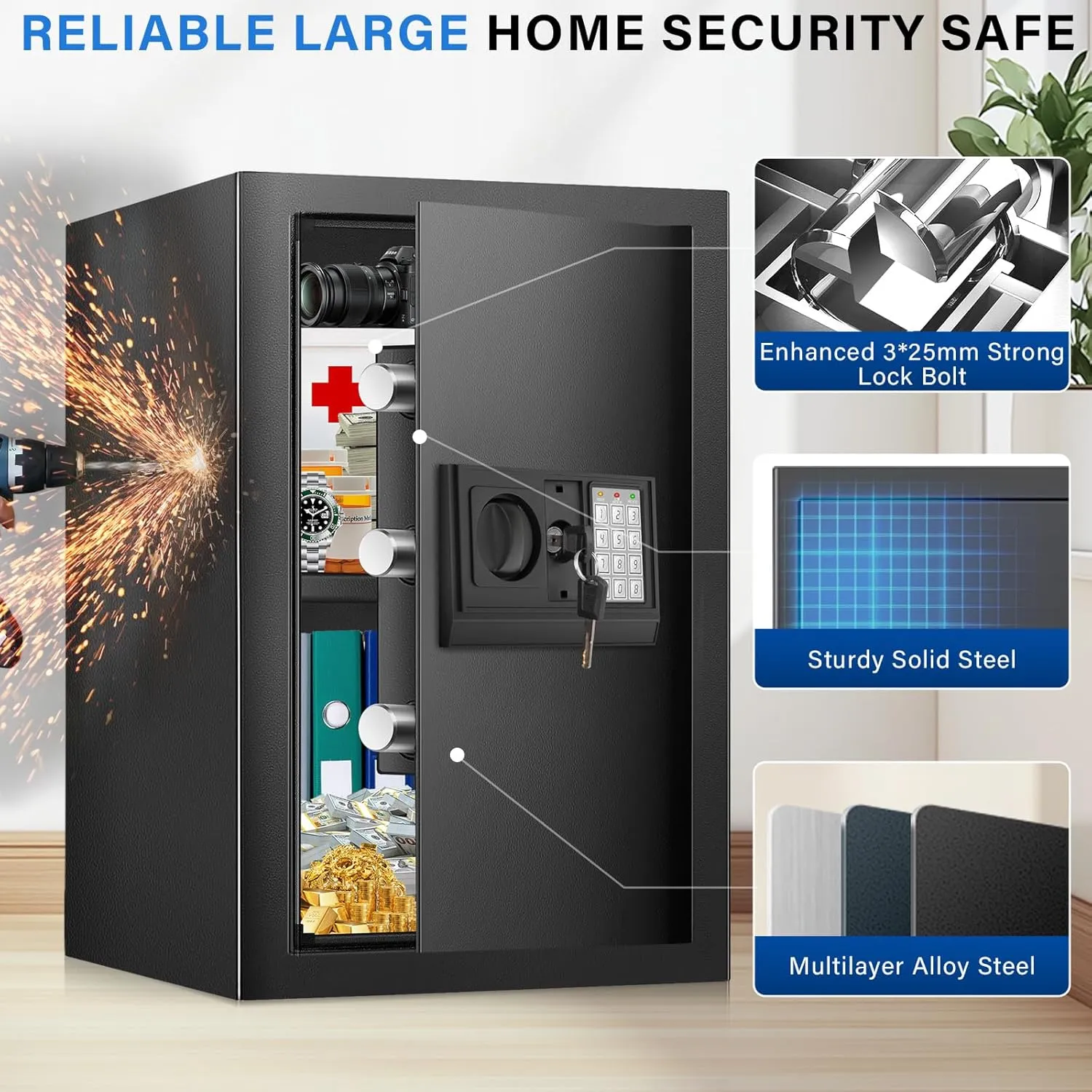 2.7 Cuft Safe Box, Home Safe with Fireproof Waterproof Bag, Anti-Theft Digital Security Lock Box with Smart Alert System, Removable Shelf, Mute Function, Personal Document Safes for Money Jewelry