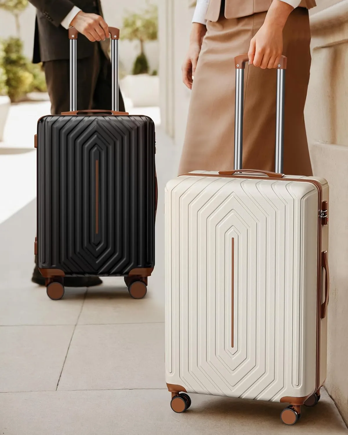 28 inch Luggage Hardside Lightweight Suitcase with Spinner Wheels TSA Lock for Travel Business, WHite&Brown