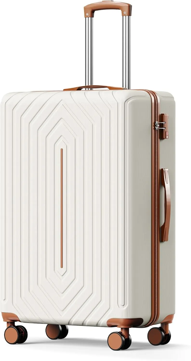28 inch Luggage Hardside Lightweight Suitcase with Spinner Wheels TSA Lock for Travel Business, WHite&Brown