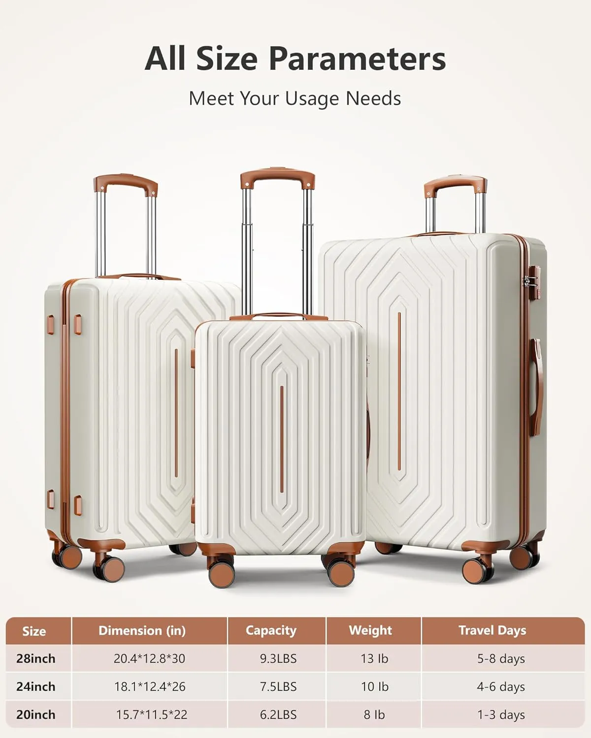 28 inch Luggage Hardside Lightweight Suitcase with Spinner Wheels TSA Lock for Travel Business, WHite&Brown