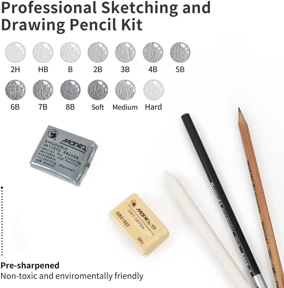 29 Pieces Professional Sketching & Drawing Art Tool Kit With Graphite Pencils, Charcoal Pencils, Paper Erasable Pen, Craft Knife-Lightwish (without Sketchbook, with Canvas Rolling Pouch）…