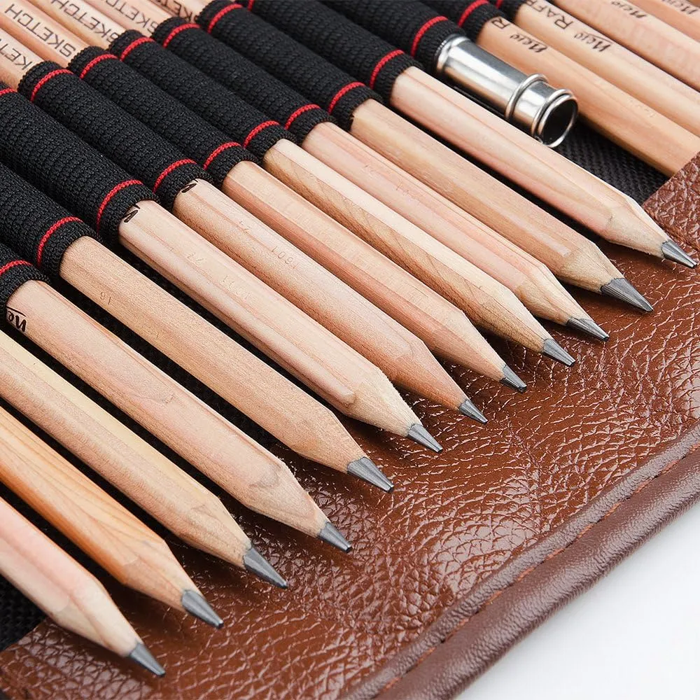 29 Pieces Professional Sketching & Drawing Art Tool Kit With Graphite Pencils, Charcoal Pencils, Paper Erasable Pen, Craft Knife-Lightwish (without Sketchbook, with Canvas Rolling Pouch）…