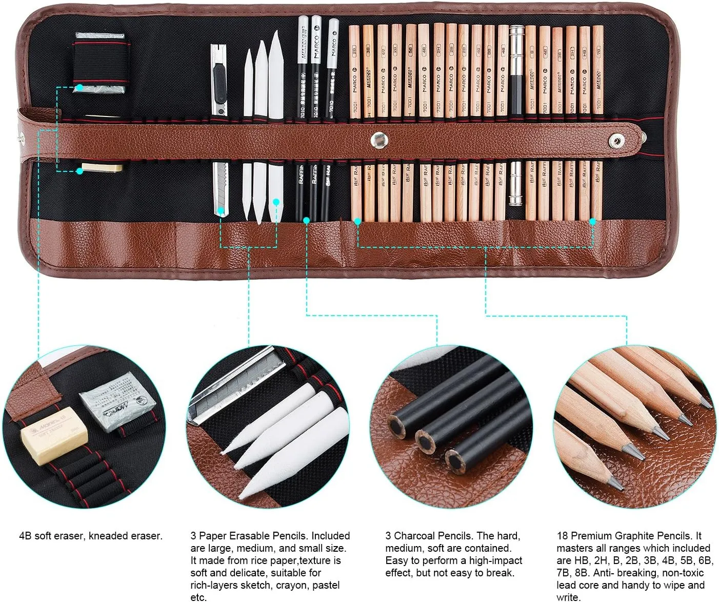 29 Pieces Professional Sketching & Drawing Art Tool Kit With Graphite Pencils, Charcoal Pencils, Paper Erasable Pen, Craft Knife-Lightwish (without Sketchbook, with Canvas Rolling Pouch）…