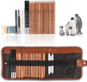 29 Pieces Professional Sketching & Drawing Art Tool Kit With Graphite Pencils, Charcoal Pencils, Paper Erasable Pen, Craft Knife-Lightwish (without Sketchbook, with Canvas Rolling Pouch）…