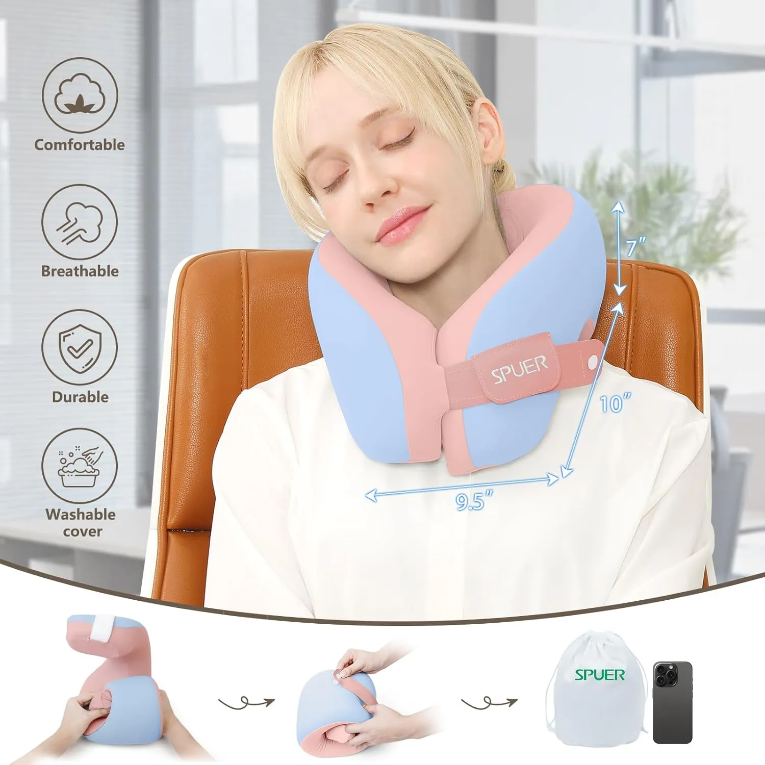 2in1 Ergonomic Memory Foam Travel Neck Pillow – Upgrade Travel Pillow for All Sleep Positions on Flights, Road Trips, and Long Distance Travel with Drawstring Bag (Adjustable - Blue and Pink)