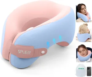 2in1 Ergonomic Memory Foam Travel Neck Pillow – Upgrade Travel Pillow for All Sleep Positions on Flights, Road Trips, and Long Distance Travel with Drawstring Bag (Adjustable - Blue and Pink)
